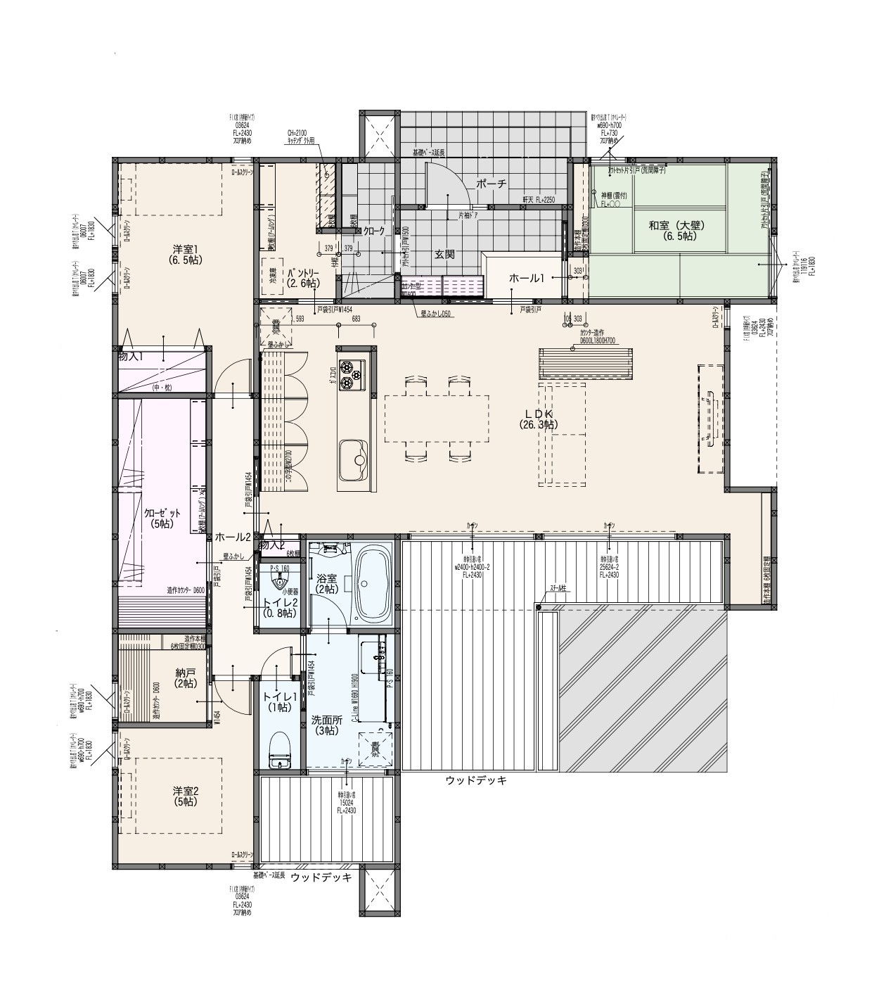 大空間LDKとウッドデッキがつながる平屋の間取り｜延床面積約36坪